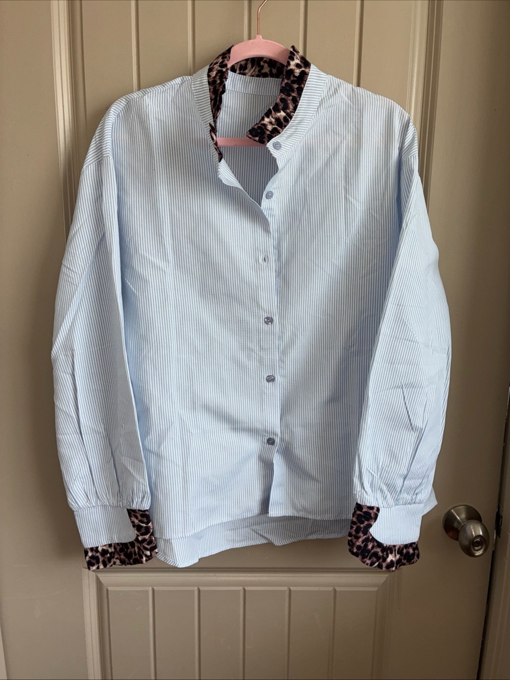 Women’s Light Blue Pinstripe Button-Down Shirt with Leopard-Trim